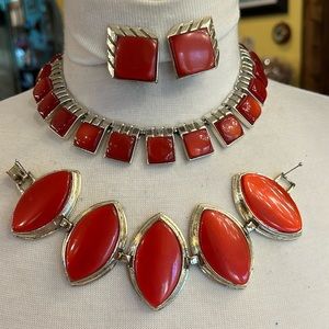 Vintage red thermoset necklace clips earrings & huge bracelet set silver tone